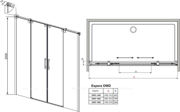 Душевая дверь Radaway Espera DWD 140 см стекло прозрачное, профиль хром - 10 изображение